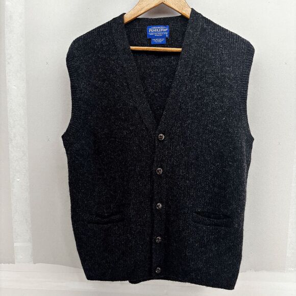 Vintage Pendleton Cardigan Vest 100% Shetland Wool Mens Large Charcoal Gray Knit - Picture 1 of 4